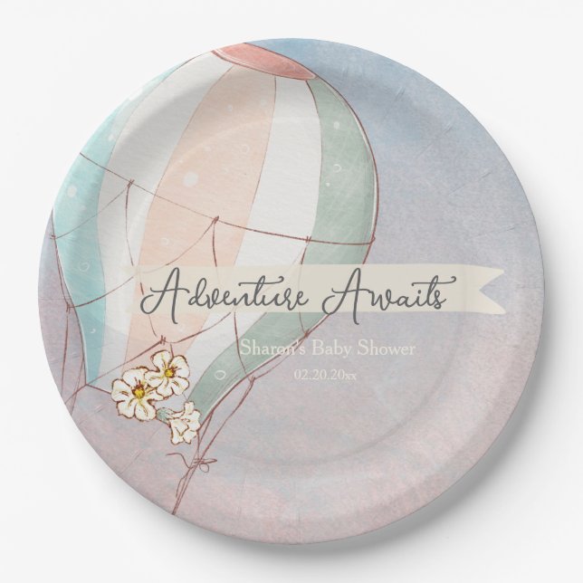 Adventure Awaits Hot Air Balloon Paper Plate (Front)