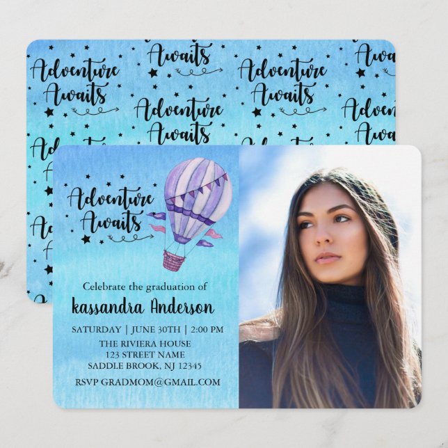 Adventure Awaits Hot Air Balloon Photo Graduation Invitation (Front/Back)