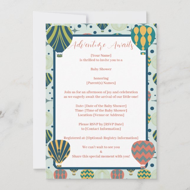 Adventure Awaits Hot Air Balloon Sage Baby Shower  Invitation (Front)