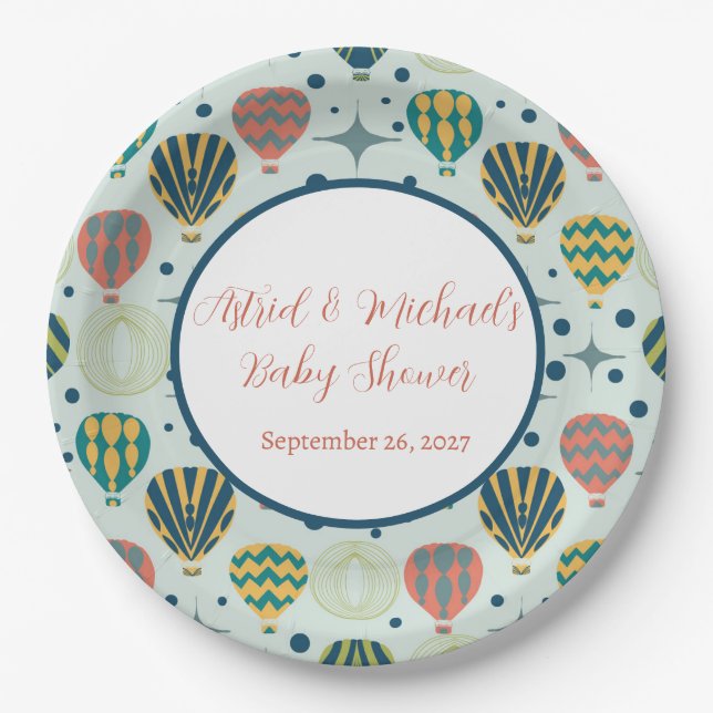 Adventure Awaits Hot Air Balloon Sage Baby Shower Paper Plate (Front)