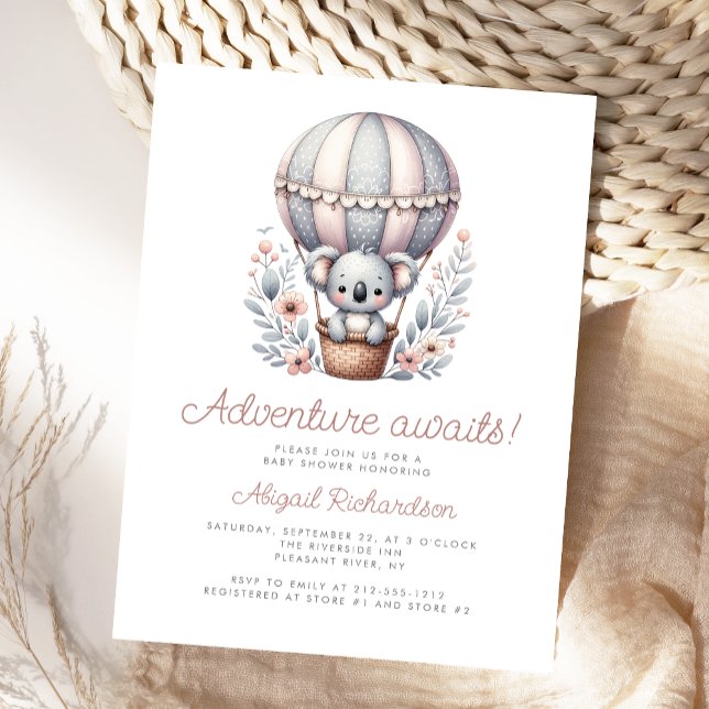 Adventure Awaits Koala Bear Balloon Baby Shower Postcard (Creator Uploaded)