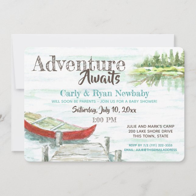 Adventure Awaits Lake and Canoe Baby Shower Invitation (Front)
