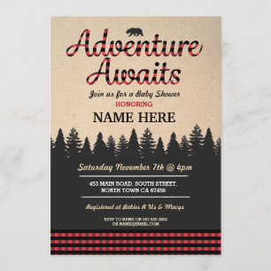 Adventure Awaits Lumberjack Baby Shower Red Invite