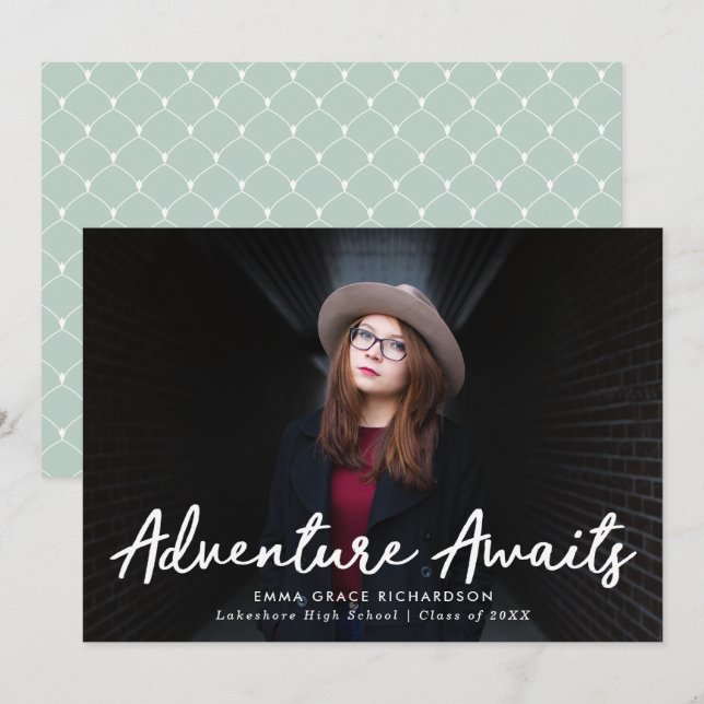 Adventure Awaits Mint Green Photo Graduation Announcement (Front/Back)