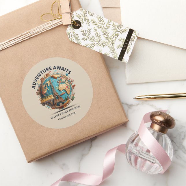 Adventure Awaits Modern Globe Baby Shower Classic Round Sticker (Gifting)