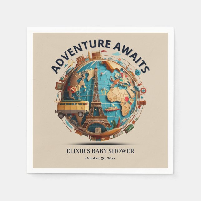 Adventure Awaits Modern Globe Baby Shower Napkin (Front)