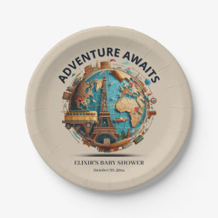 Adventure Awaits Modern Globe Baby Shower Paper Plate