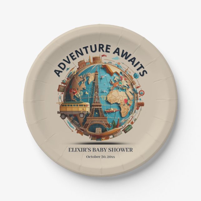 Adventure Awaits Modern Globe Baby Shower Paper Plate (Front)