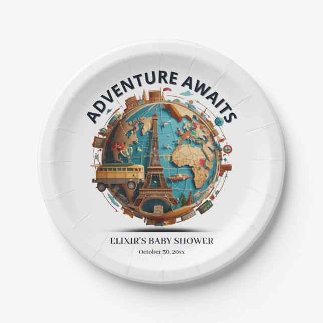 Adventure Awaits Modern Globe Baby Shower Paper Plate (Front)