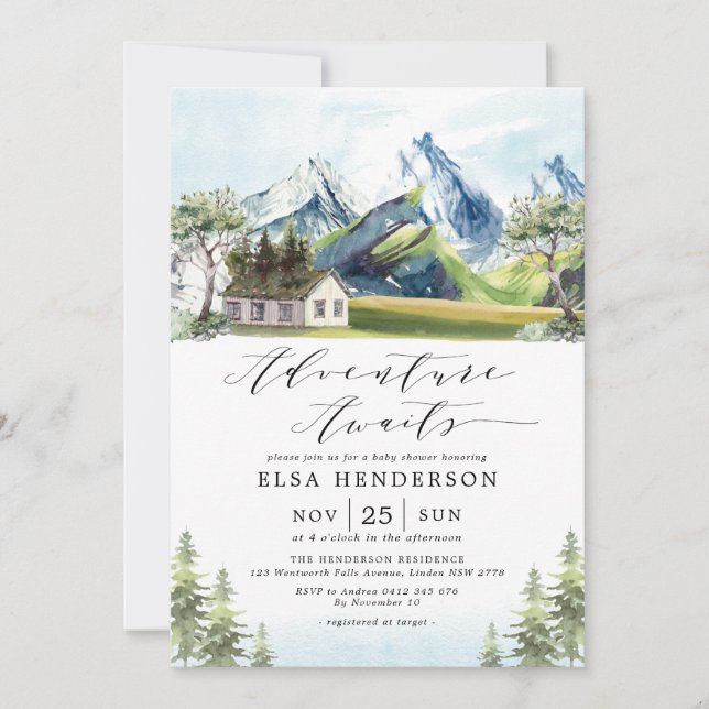Adventure Awaits Mountain Forest Baby Shower Invit Invitation (Front)