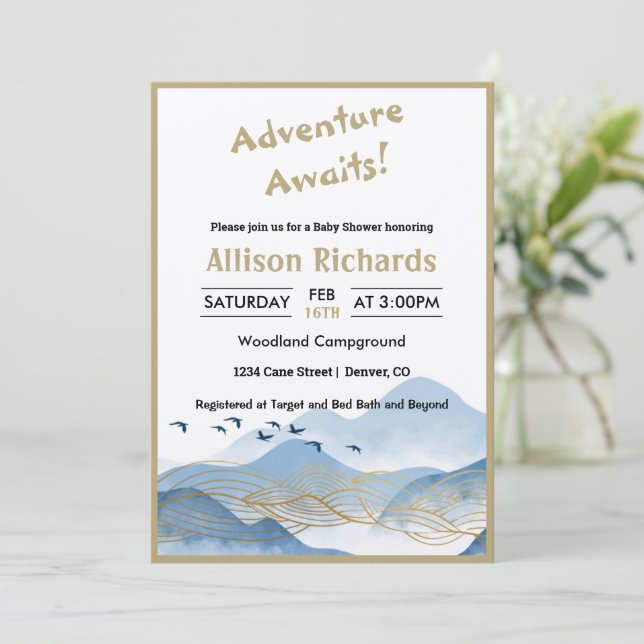 Adventure awaits mountain Gold Line baby shower Invitation (Standing Front)