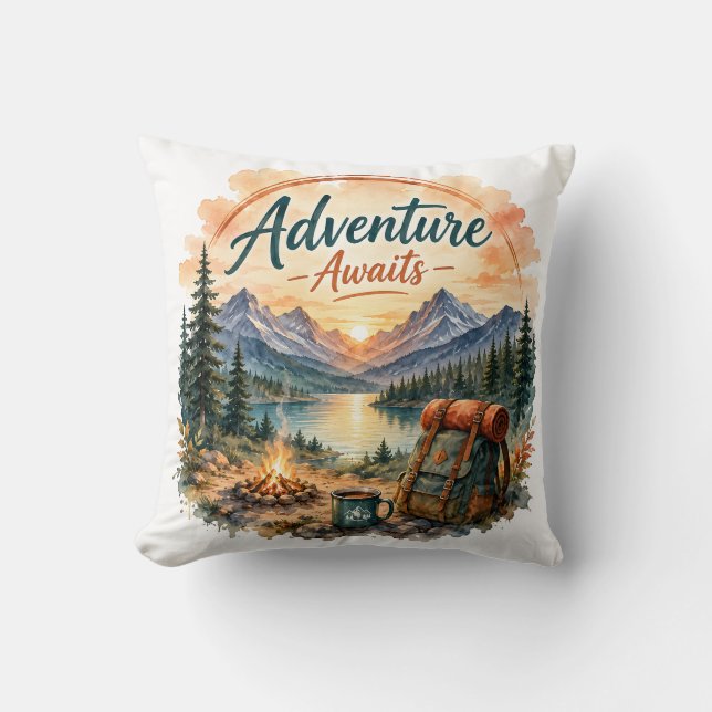 Adventure Awaits Mountain Lake Camping Sunset Cushion (Front)