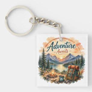 Adventure Awaits Mountain Lake Camping Sunset Key Ring