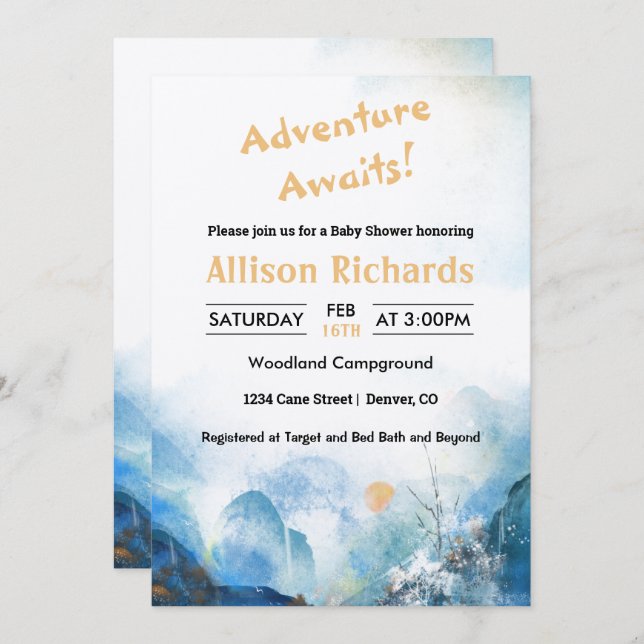 Adventure awaits mountain landscape baby shower    invitation (Front/Back)