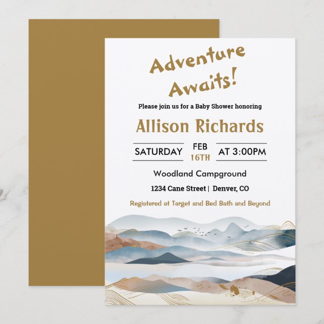 Adventure awaits mountain nature baby shower  invi invitation (Front/Back)