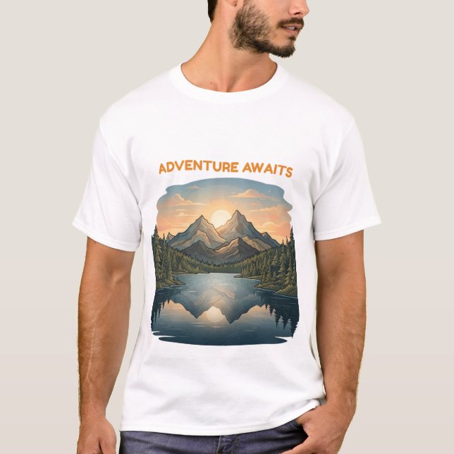 Adventure Awaits Mountain Sunset Lake Reflection T-Shirt (Front)
