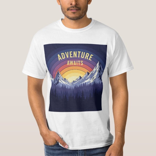 Adventure Awaits Mountain Sunset Retro Hiking T-Shirt (Front)