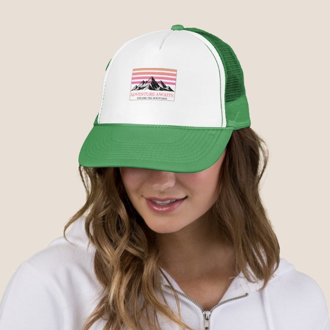 Adventure Awaits Mountain Sunset T-Shirt Trucker Hat (In Situ)