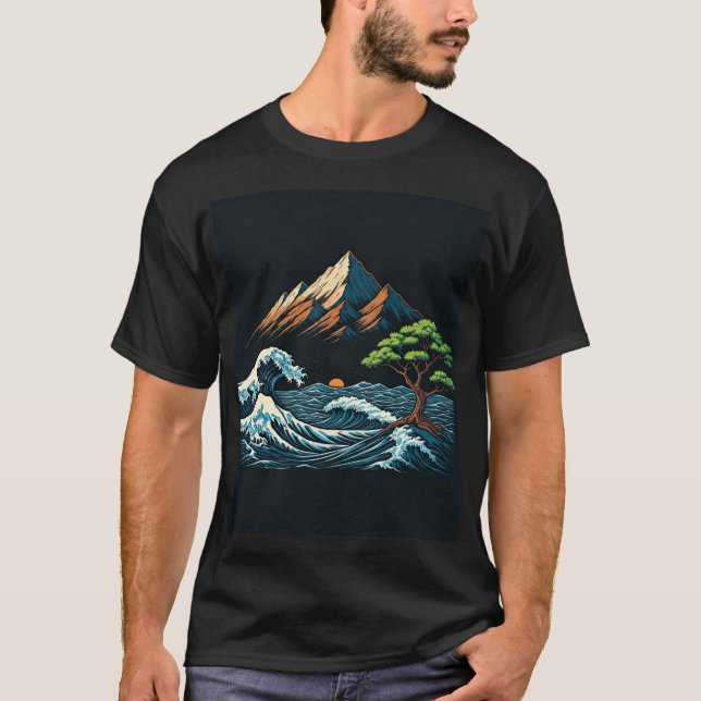 Adventure Awaits - Mountain, Waves, Tree T-Shirt (Front)