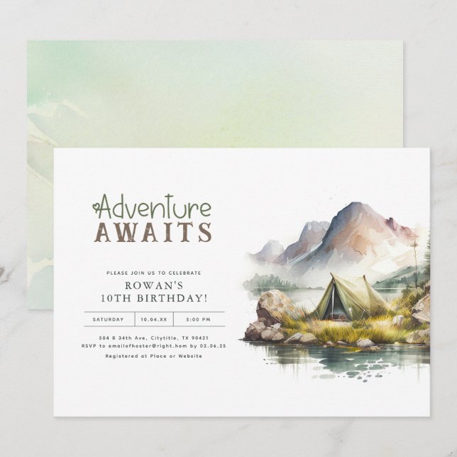 Adventure Awaits Mountains Nature Birthday Party Invitation (Front/Back)