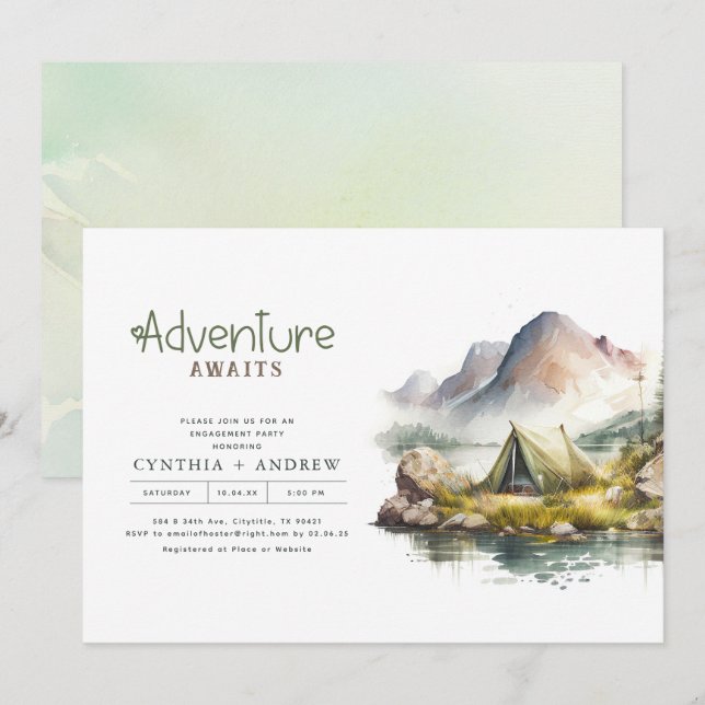 Adventure Awaits Mountains Nature Engagement Party Invitation (Front/Back)