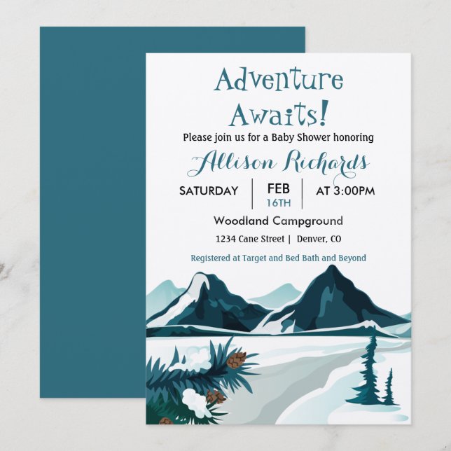 Adventure awaits mountains travel baby shower   in invitation (Front/Back)