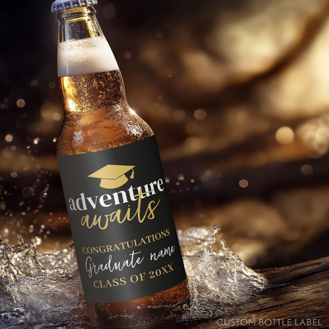 Adventure Awaits - Name Cap Black Gold Graduation Beer Bottle Label (Custom Beer Bottle Label with a Graduation Design)