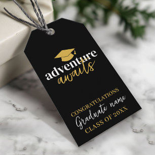 Adventure Awaits - Name Cap Black Gold Graduation Gift Tags