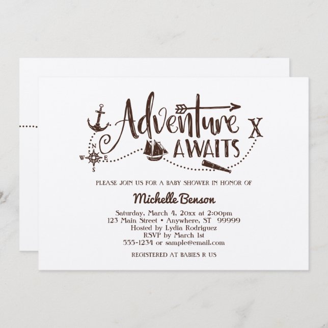 "Adventure Awaits" Nautical Baby Shower Invitation (Front/Back)