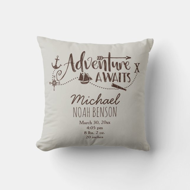 "Adventure Awaits" Nautical Birth Stats Cushion (Front)