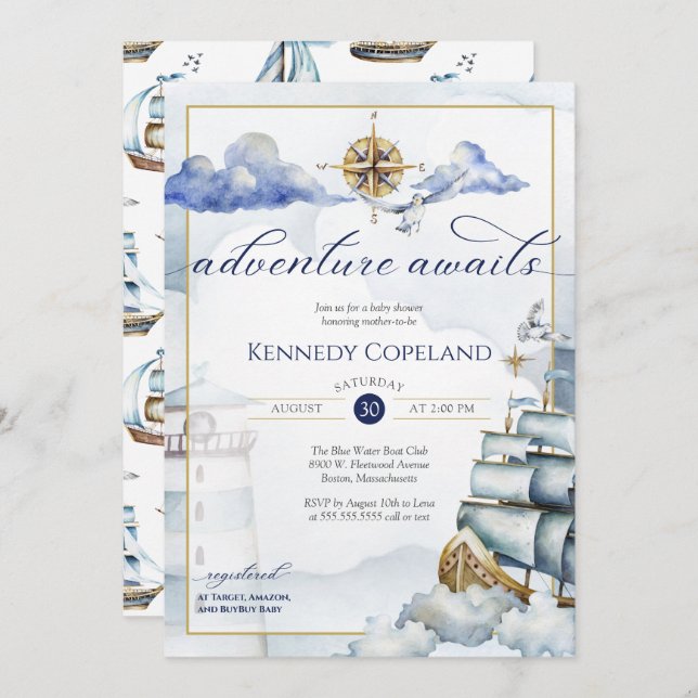 Adventure Awaits - Nautical Dream Ship Baby Shower Invitation (Front/Back)