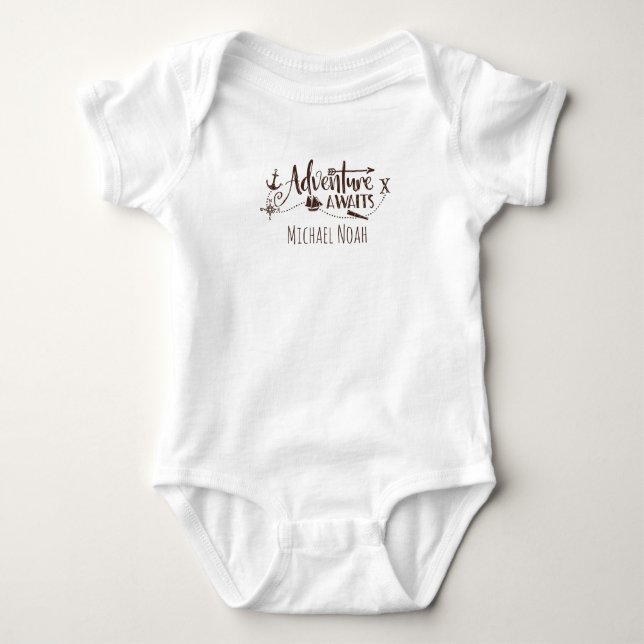 "Adventure Awaits" Nautical Personalised Baby Bodysuit (Front)