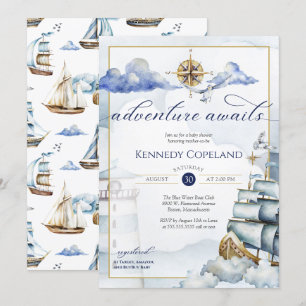 Adventure Awaits Nautical Sailing Ship Baby Shower Invitation