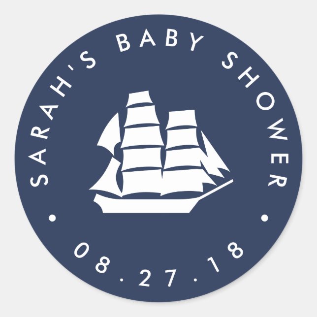 Adventure Awaits | Navy and White Baby Shower Classic Round Sticker (Front)