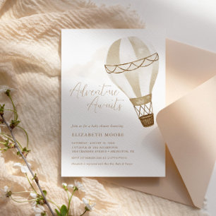 Adventure Awaits Neutral Balloon   Baby Shower Invitation