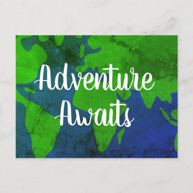 Adventure Awaits new address world map moving Announcement Postcard (Front)