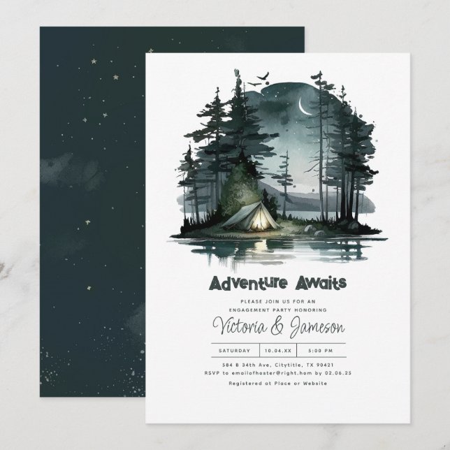 Adventure Awaits Night Sky Nature Engagement Party Invitation (Front/Back)