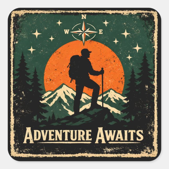 Adventure Awaits – Outdoor Exploration Hiker Square Sticker (Front)