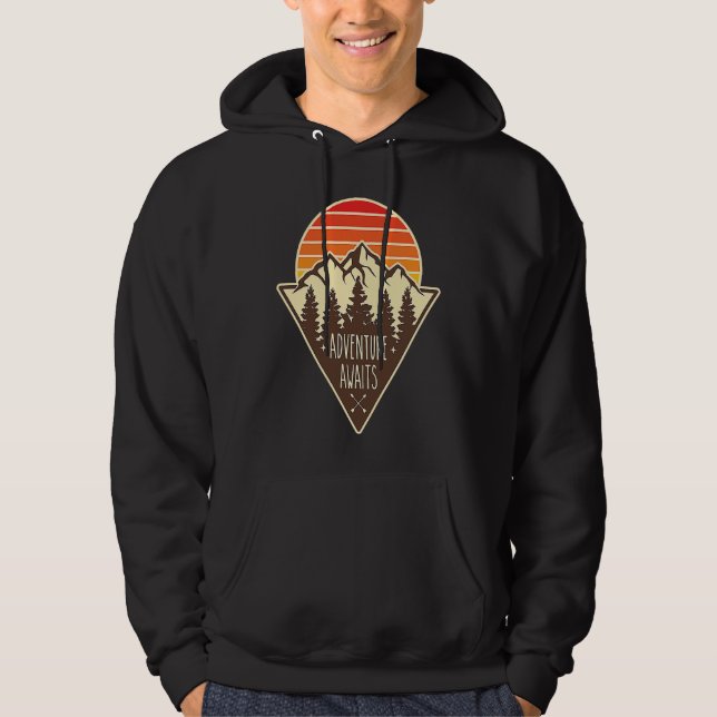 Adventure Awaits, Outdoors Nature Hiking Graphic Hoodie (Front)
