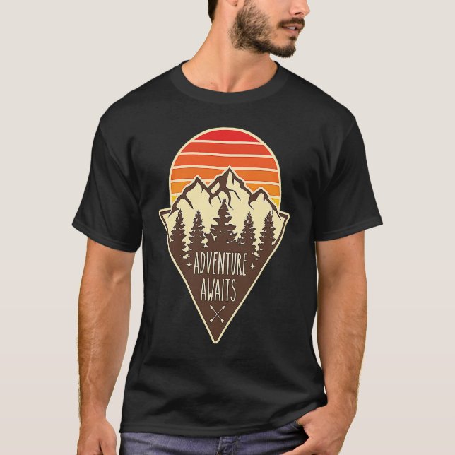 Adventure Awaits, Outdoors Nature Hiking Graphic T-Shirt (Front)