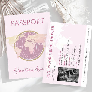 Adventure Awaits Passport Girl Baby Shower Travel Invitation