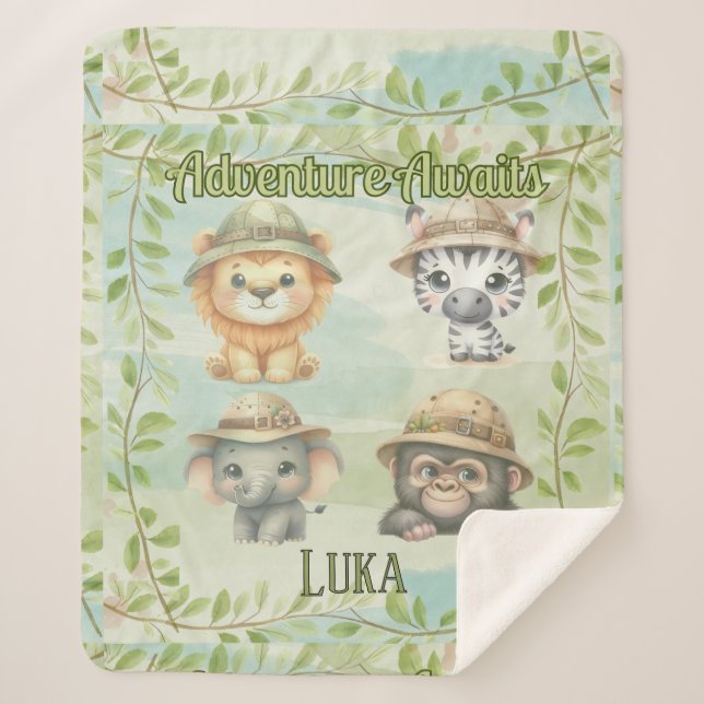 Adventure Awaits Personalize Safari Woodlands Baby Sherpa Blanket (Front)