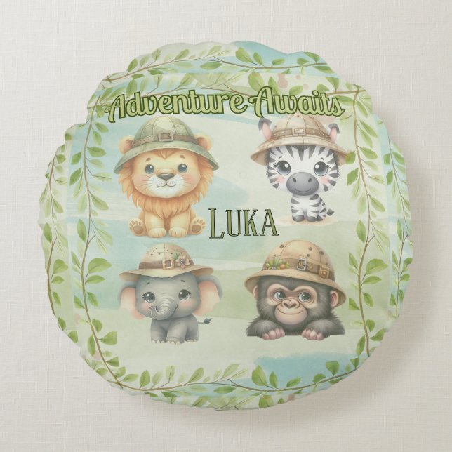 Adventure Awaits Personalize Safari Woodlands  Round Cushion (Front)