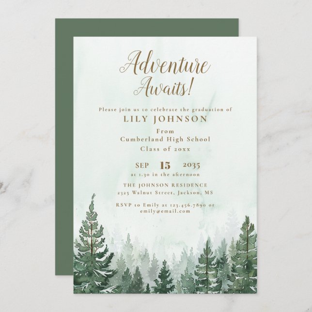 Adventure Awaits Pine Tree Forest Graduation Party Invitation (Front/Back)