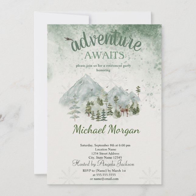 Adventure Awaits Pine Tree Forest Green Retirement Invitation (Front)