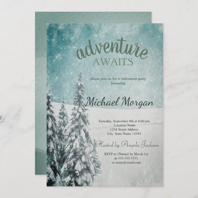 Adventure Awaits Pine Tree Forest Snow Retirement  Invitation (Front/Back)