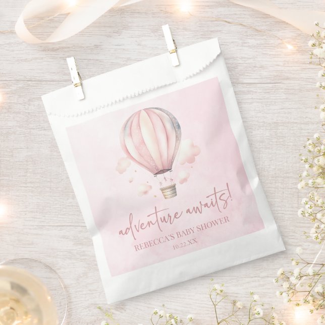 Adventure Awaits! Pink Hot Air Balloon Baby Shower Favour Bags (Clipped)