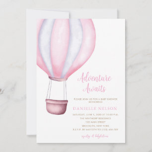 Adventure Awaits Pink Hot Air Balloon Baby Shower Invitation