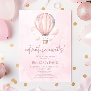 Adventure Awaits! Pink Hot Air Balloon Baby Shower Invitation