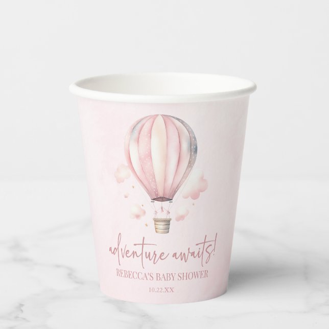 Adventure Awaits! Pink Hot Air Balloon Baby Shower Paper Cups (Front)